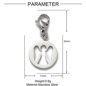 Détail du pendentif ange en acier inoxydable argenté avec dimensions et poids indiqués
