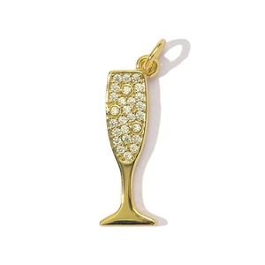 Gold champagne glass pendant with white cubic zirconia pavé on a plain white background