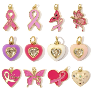 French Vintage Copper Enamel Pink Ribbon Heart Butterfly Pendant Zirconia DIY Jewelry Accessories Breast Cancer Awareness Hope Charm