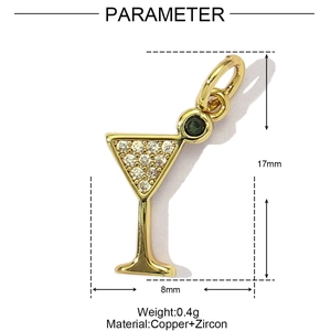 Detail view of gold cocktail glass pendant with zircon inlay showing 17x8mm dimensions