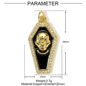 Colgante de ataúd gótico con calavera, esmalte negro y piedras de circonita
