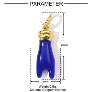 Detailed view of blue enamel Figa hand pendant with 20mm height and copper finish