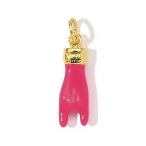 Detail of rose red enamel rock gesture pendant with gold-plated wavy texture ring