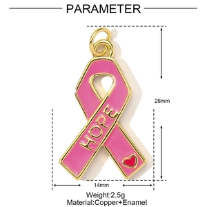 Detail view of a 26mm pink enamel ribbon pendant with HOPE text and a small red heart