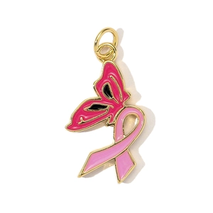Detailed view of pink ribbon butterfly pendant with gold plating for DIY jewelry