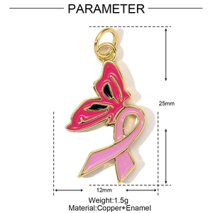 Detail view of pink ribbon butterfly pendant showing 25mm height and copper enamel texture