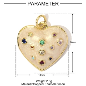 Detailed view of colorful zircon heart pendant with 18x20mm dimensions and enamel finish