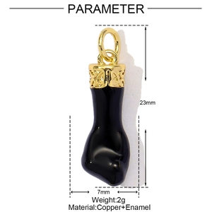 Detail of 23mm black enamel fist pendant with copper gold plating and dimensions