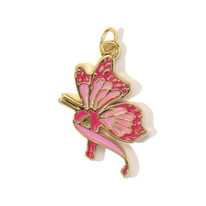Golden butterfly heart pendant with pink enamel and ribbon design for DIY jewelry