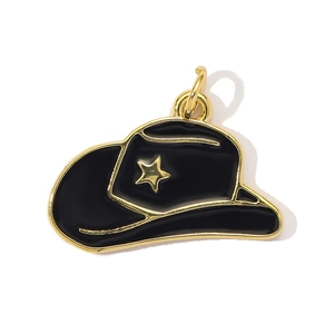 Detail of cowboy hat pendant with black enamel finish and gold star inlay for jewelry