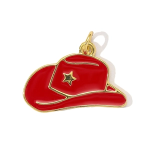 Detail of red enamel cowboy hat pendant with gold star and round jump ring for jewelry DIY