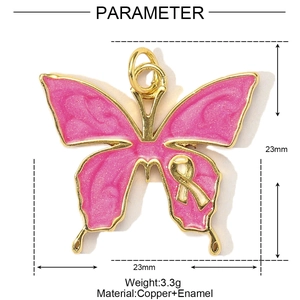 Pink glitter enamel butterfly charm with copper gold ribbon detail and technical dimensions