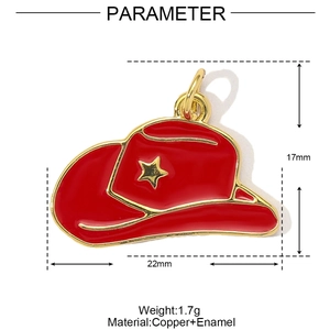 Detail of red enamel cowboy hat charm with size dimensions and gold star accent