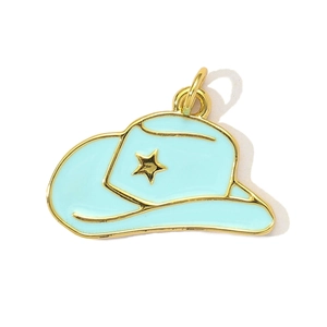 Detailed view of light blue cowboy hat pendant with gold star and enamel finish