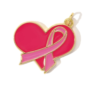 Detail view of heart-shaped pendant with pink ribbon enamel and gold-plated alloy
