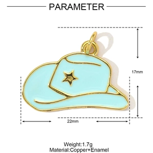 Blue enamel cowboy hat pendant with gold star detail showing 22mm by 17mm dimensions