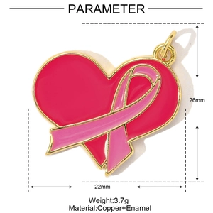 Detail of pink enamel heart pendant with dimensions 22mm x 26mm in copper and gold plating