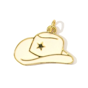 Detail of white enamel cowboy hat pendant with gold star accent and clasp