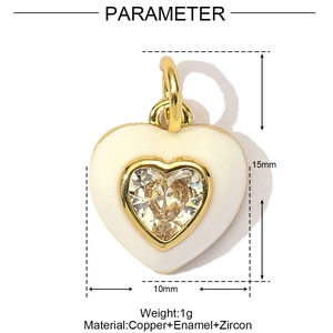 Technical dimensions of 15x10mm white heart enamel pendant with cubic zirconia inlay