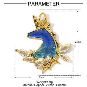 Detail view of unicorn crescent moon pendant with blue enamel and zircon measurements