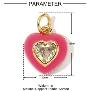 Detail view of heart-shaped charm showing dimensions of 15mm by 10mm in gold and pink enamel