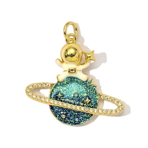 Astronaut on starry planet pendant with sparkling rhinestones and gold-plated finish