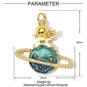 Detailed view of astronaut and star pendant with dimensions 25mm by 26mm in gold plating