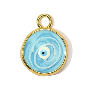 Detail showing a golden evil eye pendant with blue enamel finish and metallic ring