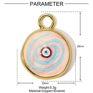 Macro detail of round evil eye copper charm with pink enamel and 22mm dimensions