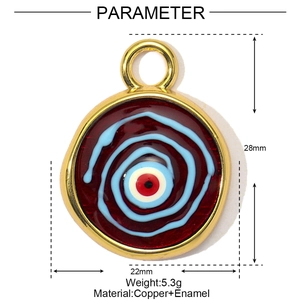 Macro view of blue evil eye enamel pendant with copper frame and dimension specs