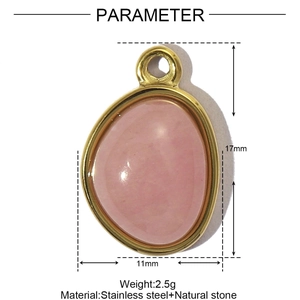 Macro detail of teardrop pink natural stone pendant with gold stainless steel dimensions