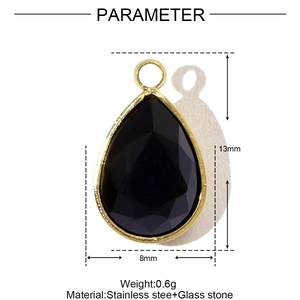 Tableau des tailles détaillé pour pendentif goutte en verre noir et acier inoxydable doré