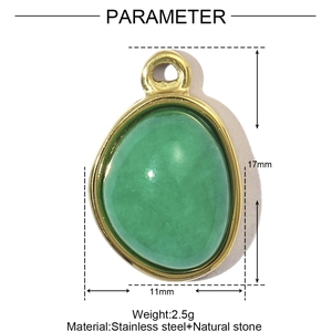 Detail showing natural green stone pendant with golden steel frame and dimensions