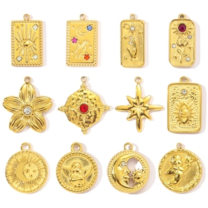 Vintage Edelstahl Tarotkarten Anhänger Gold Vergoldet Mystische Himmlische Charms Mit Strass Sonne Mond Engel Blume DIY Schmuckherstellung