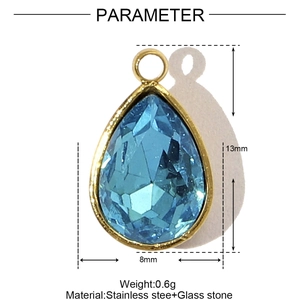 Dimensions détaillées du pendentif goutte en cristal bleu avec cadre en acier inoxydable