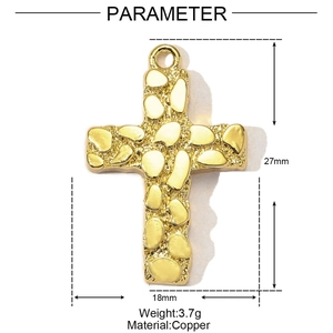 Detailed view of a golden cross pendant with dimensions and copper material specs