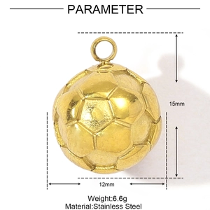 Detail view of a 12mm golden stainless steel soccer ball pendant with dimensions and weight