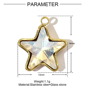Pendentif étoile en acier inoxydable doré avec pierre en verre coloré, 14 mm
