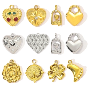 French Vintage Stainless Steel Heart Rose Cherry Tree Of Life DIY Pendant Rhinestone Enamel Flower Clover Charms For Women