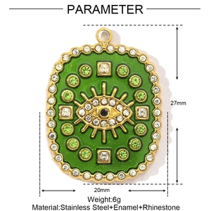 Evil eye necklace pendant in green enamel and gold stainless steel with dimensions