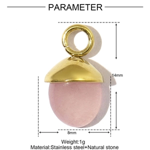 Detail view of pink natural stone acorn pendant with 14mm height and 8mm width measurements