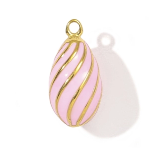 Close-up of pink enamel egg charm with golden spiral lines and top ring for DIY jewelry