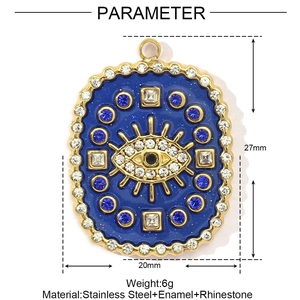 Detailed specs of stainless steel evil eye pendant with blue enamel and rhinestones