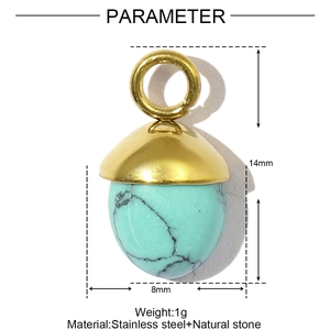 Detail of acorn-shaped turquoise stone pendant with stainless steel cap and dimensions