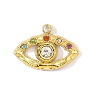 Detailed shot of golden eye-shaped pendant with colorful gemstones and center zircon stone