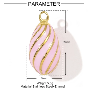 Detailed view of pink enamel egg pendant with gold stripes and size dimensions