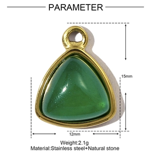 Detailed view of 15x12mm triangle stainless steel pendant with green natural stone and ring