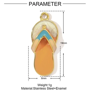 Detail showing an orange enamel flip-flop pendant with dimensions 19mm by 8mm