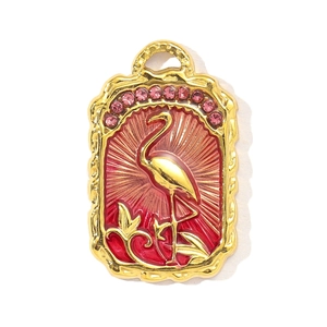 Gold stainless steel rectangle pendant with flamingo enamel design and pink rhinestones