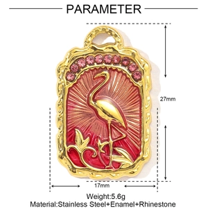 Detailed dimension view of a gold stainless steel flamingo pendant with pink rhinestones